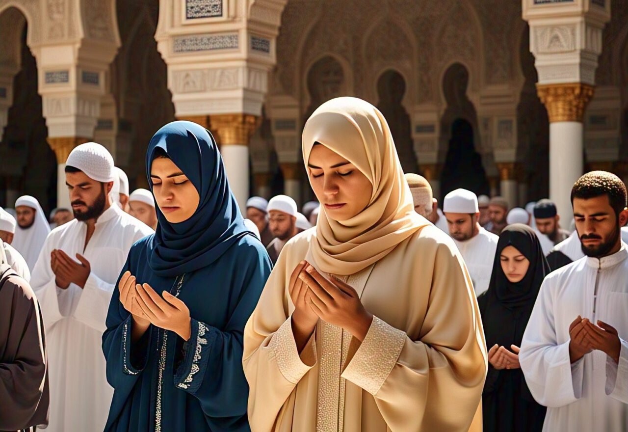 Ilustrasi puluhan orang sedang beribadah. Sumber: Meta AI